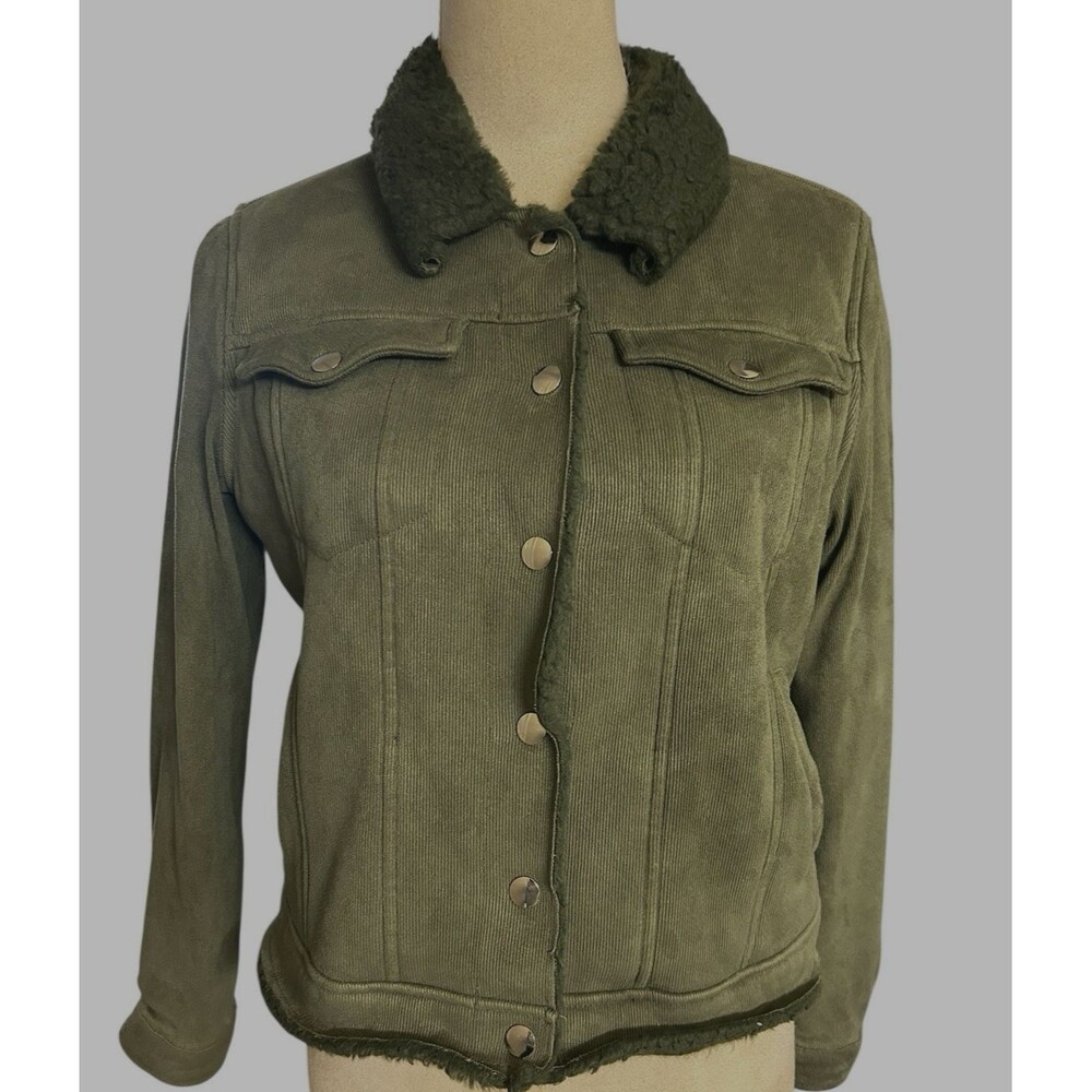 Joujou Grunge Shearling Corduroy Snap Button Pocket Olive Green Bomber Jacket